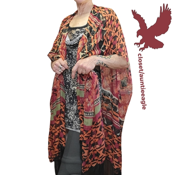 Fringe Wrap Around Formal or Beach Wear 1 Size Aztek Design Orange, Red & Black - Picture 5 of 8